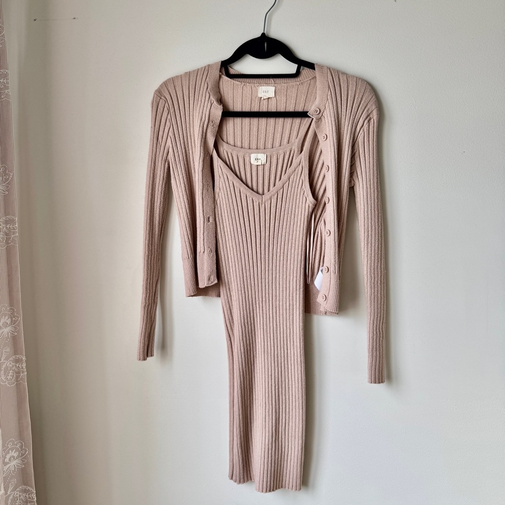 Elegant Ribbed Knit Dress and Cardigan Set